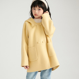 Hooded Rabbit Ear Coat Cute Autumn and Winter Double-sided Wool Coat Girls Mid-length Fashion Children's Wear