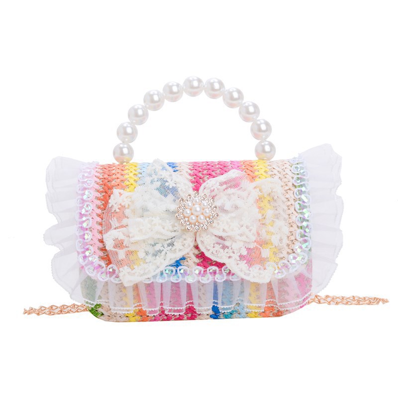 2025 nuevo regalo para niñas para niñas jardín de infantes Día de los niños arco de perla tela de paja bolso de hombro