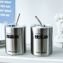 创意不锈钢双层保温杯 简约带盖吸管杯 办公室家居情侣杯韩国杯子