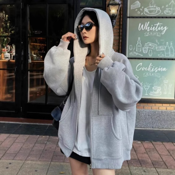 Shandong Jimo Sweatshirt Jacket for Women 2025 Autumn and Winter Tops for Petite Figures, College Style Hooded Zip-Up Cardigan, Korean Version