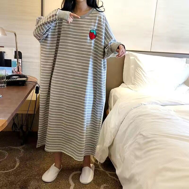 Pajamas Women's 2022 New Spring and Summer Long Sleeve Nightgown Loose Extra Large Medium and Long Striped Student Women's Home Clothes