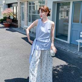浅蓝色飘带无袖上衣波点长裤套装2026新款女春夏miu系休闲两件套
