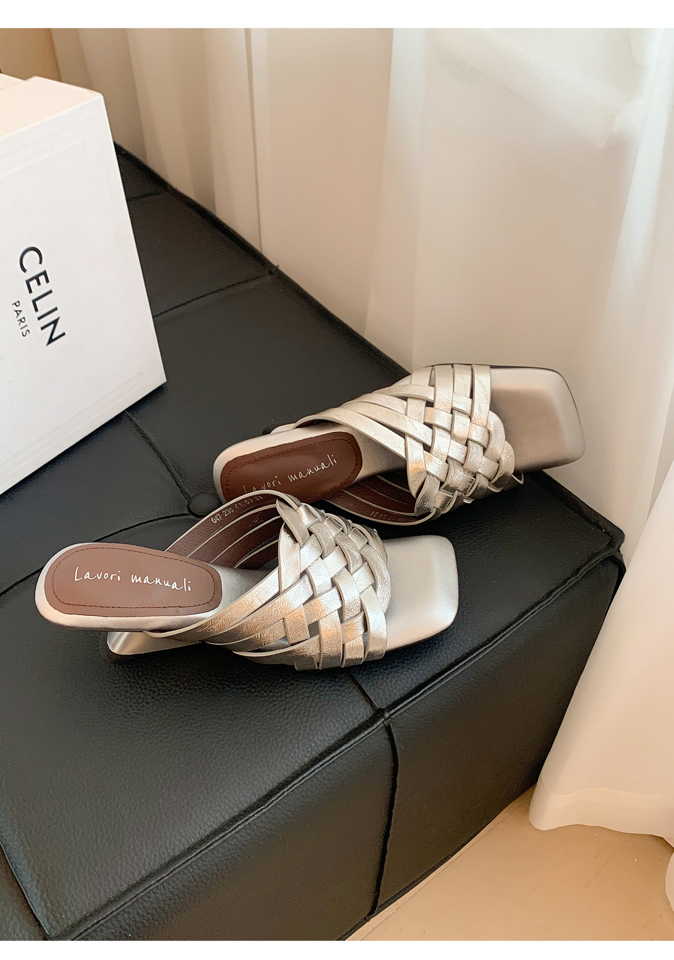 Sandal cao gót nữ mũi vuông đan chéo, gót xuồng 9 cm — Trần truồng hồng, màu đen, màu trắng ngà, bạc chi tiết 17