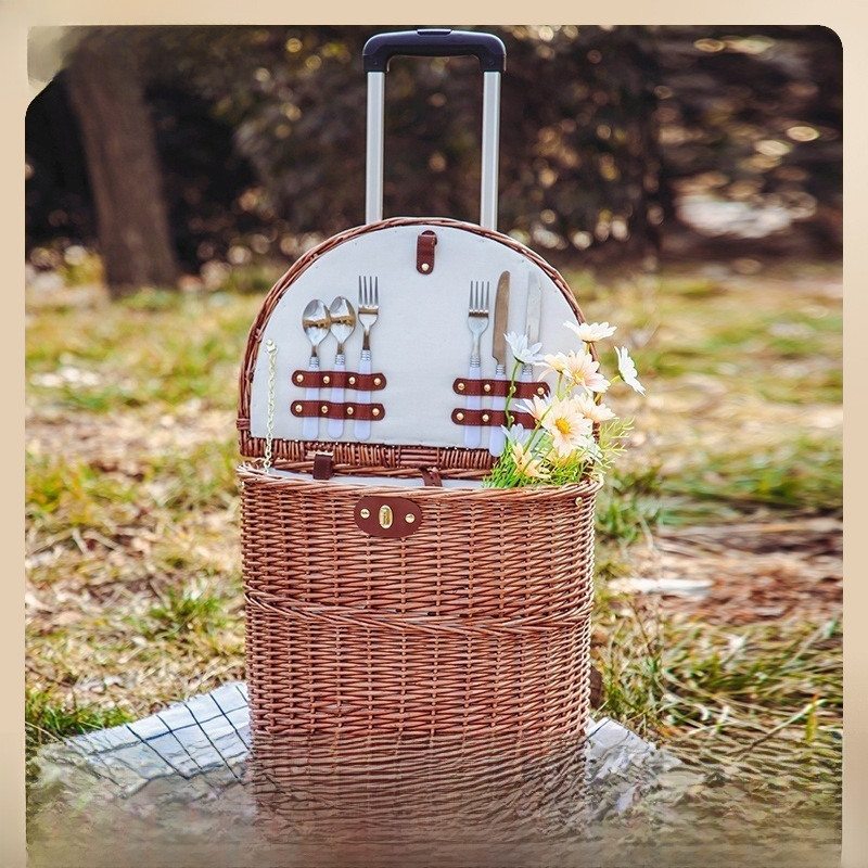 Easily Carry Outdoor Picnics with the Yiran Spring Outing Storage Basket, Telescopic Handle Multi-functional Outdoor Picnic Cooler with Insulated Tableware and Wheels, Woven Wild Lunch Basket
