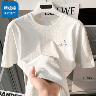 Heavy Xinjiang cotton short-sleeved T-shirt men's trendy summer loose three-quarter sleeve trendy simple printed tops couple wear