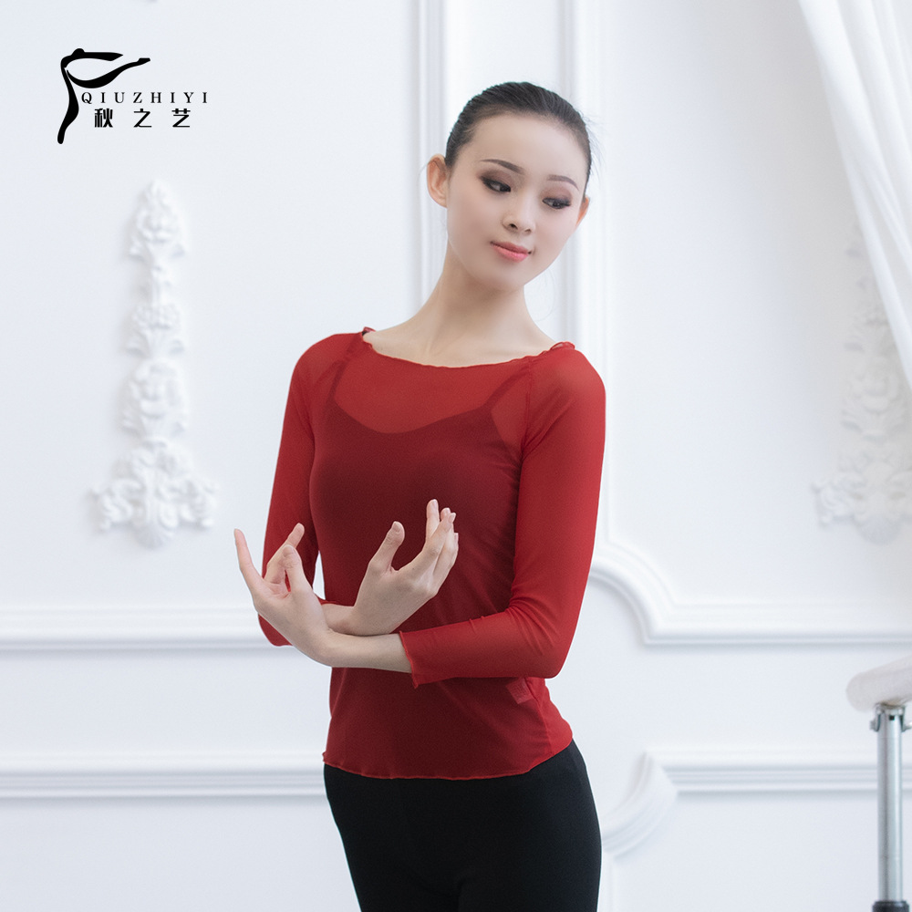 One-Neck Stretch Mesh Top Long-Sleeved Ballet Dance Practice Clothes Adult Body-Shape Clothes Women's Classical Dance Outer Shirt