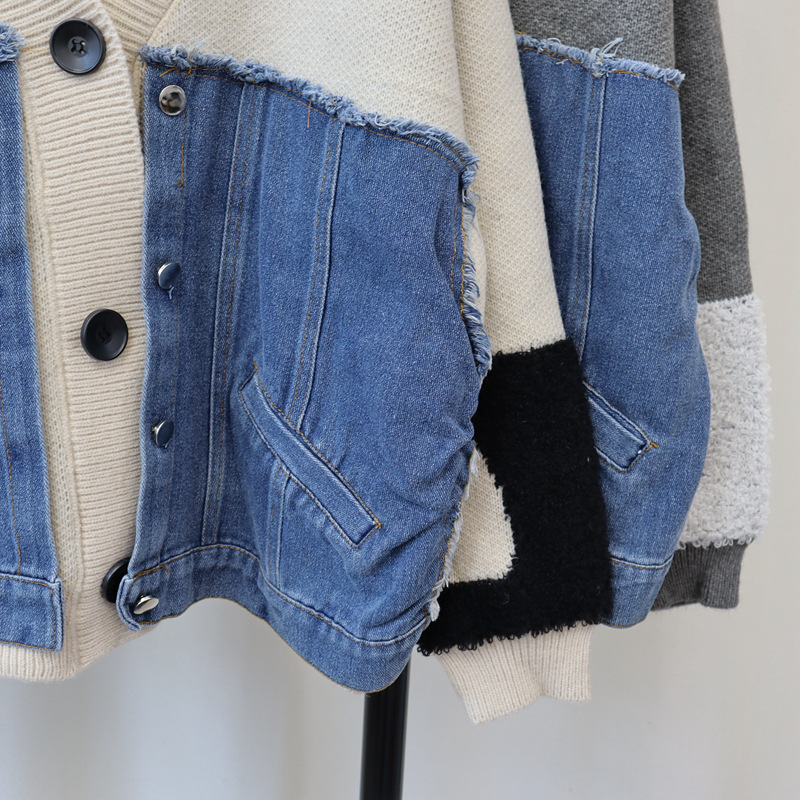 Damenbekleidung 2024 Herbst und Winter neue Patchwork-Denim-Strickjacke lockeres lässiges Design farblich passende Lazy-Pullover-Jacke für Damen_voghion.com