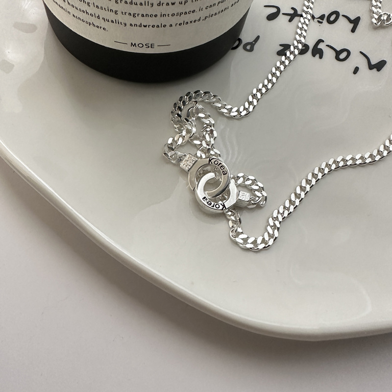 Lina Girl S925 Sterling Silver Japanese And Korean Style Cuban Double Ring Necklace Niche Design Fashion English Letter Heavy_voghion.com