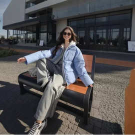 蓝条纹假两件棉衣棉服女2026新款冬季加厚保暖学院风短款棉袄外套