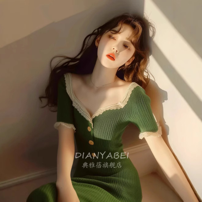 Fl240857 Green Lace Knit Dress for Women, Early Autumn Outfit, French Retro Style Dress