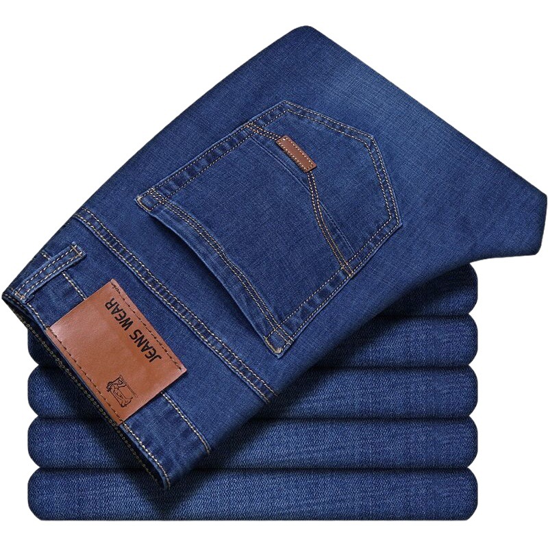 Yumao jeans hombres verano alto elástico delgado cintura alta ropa comercio jeans rectos holgados casual talla grande ropa de mediana edad