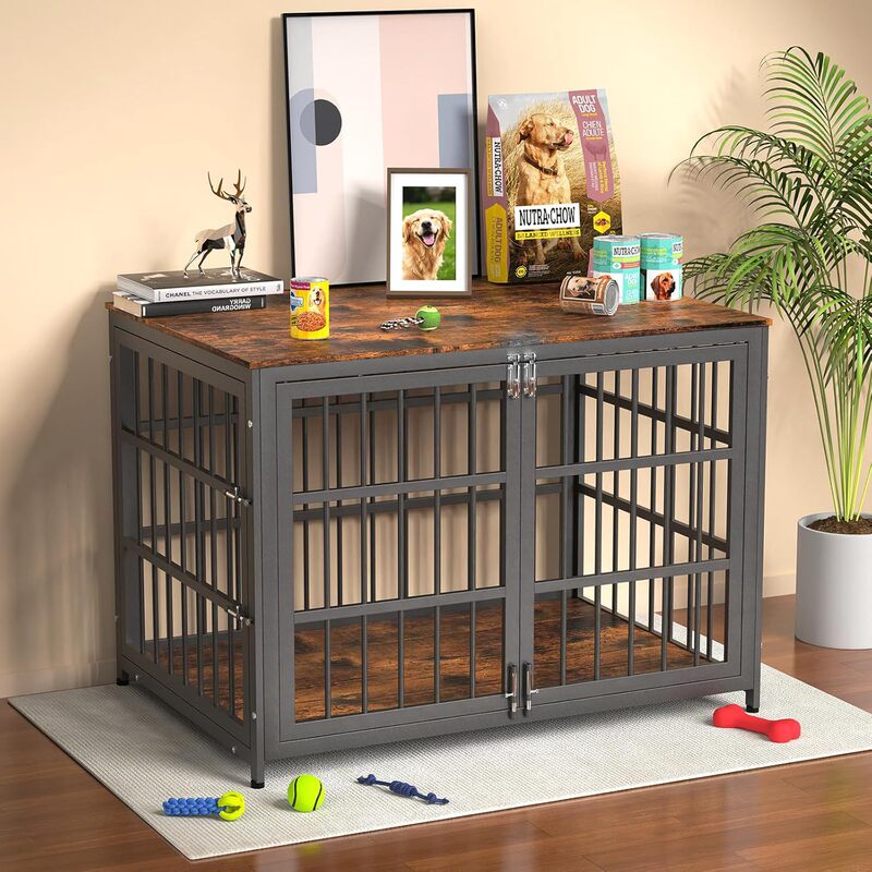 Dog Cage Furniture for Dogs with High Anxiety with Wooden Table for Indoor Escape Proof Lock Double Doors for Large Dogs