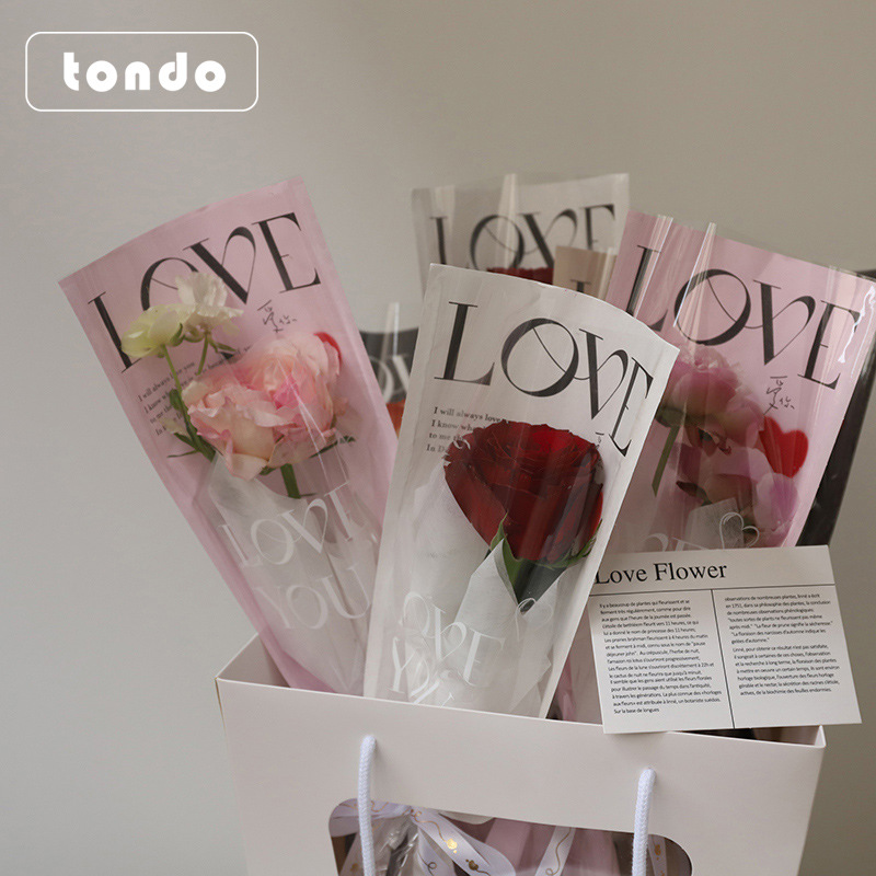 Bolsa transparente de OPP para flores del Día de la Madre, bolsa recta LOVE, bolsa individual para ramo de una sola rosa del Día de San Valentín