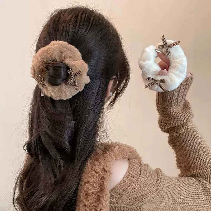 韩系双蝴蝶结奶咖色毛绒大肠发圈秋冬毛毛甜妹头绳可爱丸子头发饰