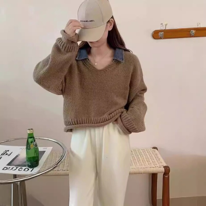 2026 Spring, Autumn, and Winter New Korean Style Loose Denim Polo Collar Rolled Edge Long Sleeve Sweater with Unique Design and Faux Two-Piece Effect 2026 Spring, Autumn, and Winter New Korean Style Loose Denim Polo Collar Rolled Edge Long Sleeve Sweater with Unique Design and Faux Two-Piece Effect
