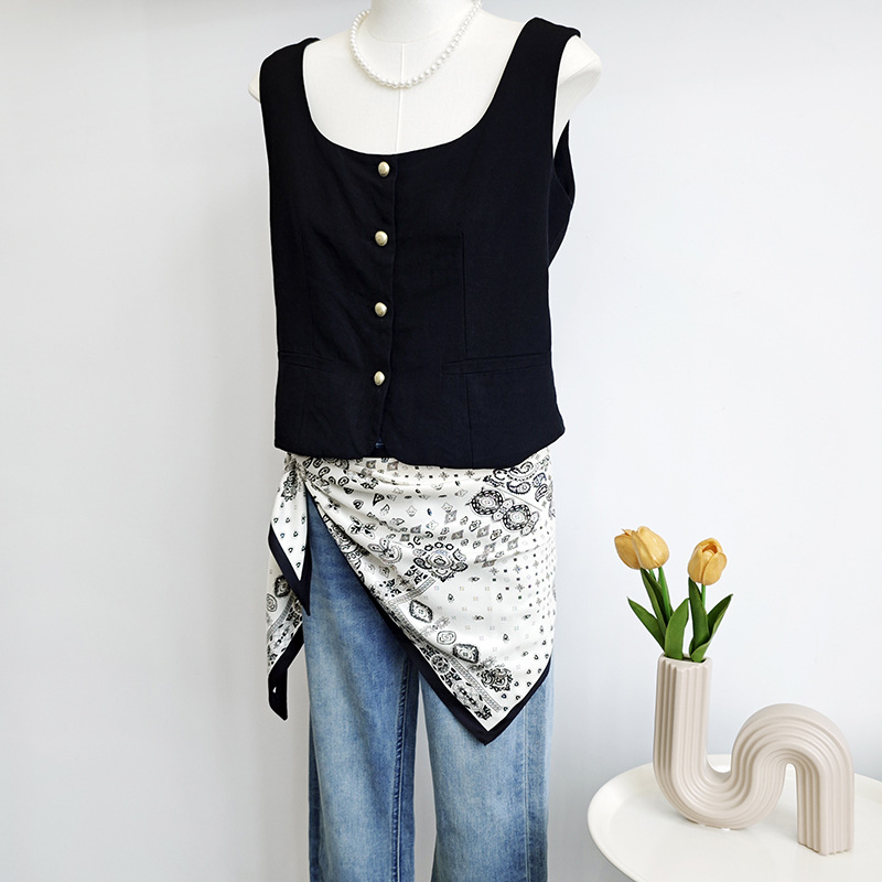 Pañuelo francés, sarga de seda de imitación, bufanda en ángulo de seda fresca, bufanda de seda con flores de anacardo, bufanda de seda triangular femenina, chal retro