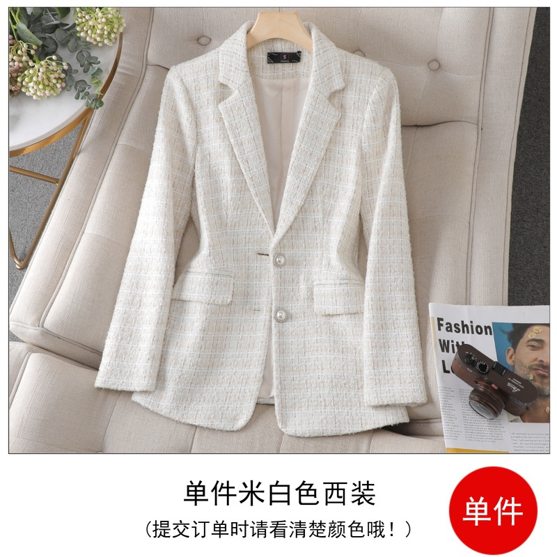 Chaqueta de Traje a Cuadros de Tweed para Mujer Lana Sin Planchado para Otoño e Invierno