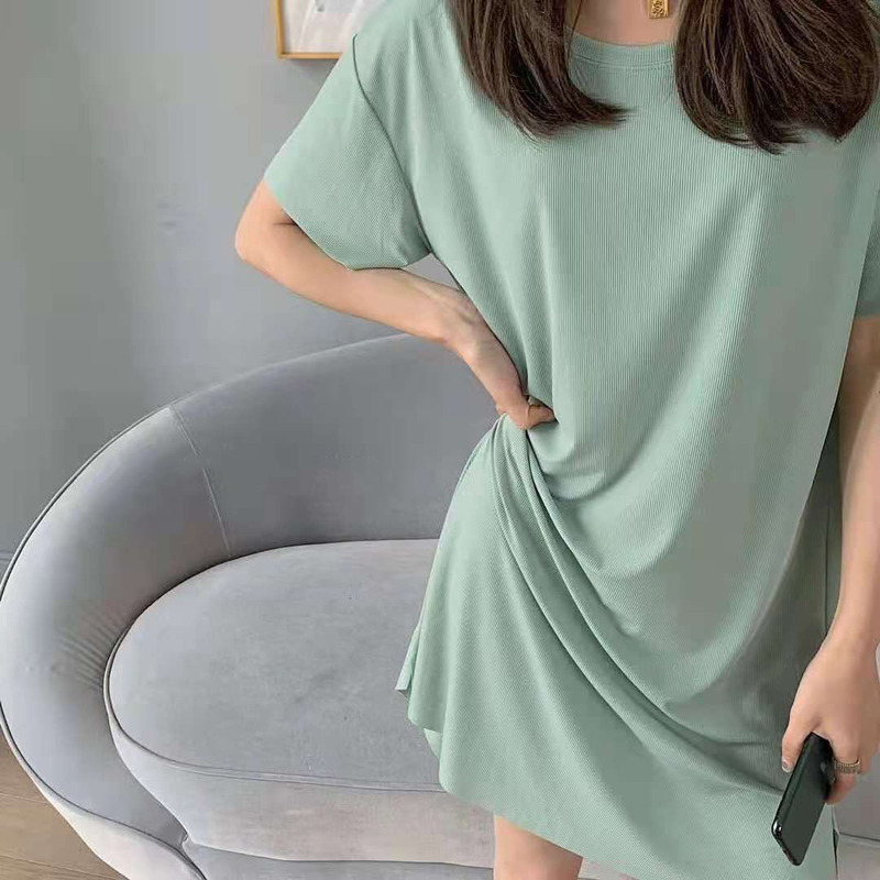 2021 Summer Ice Cool Home A- line Dress Cloth Loose Comfortable Ice Silk Small T-shirt Dress Solid Color Cool Long Dress Nine