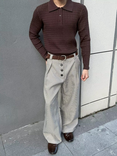 Old Money Flannel-Buttoned A-Line Pants for Men and Women, American Retro High Street Relaxed Fashion Loose Wide-leg Pants