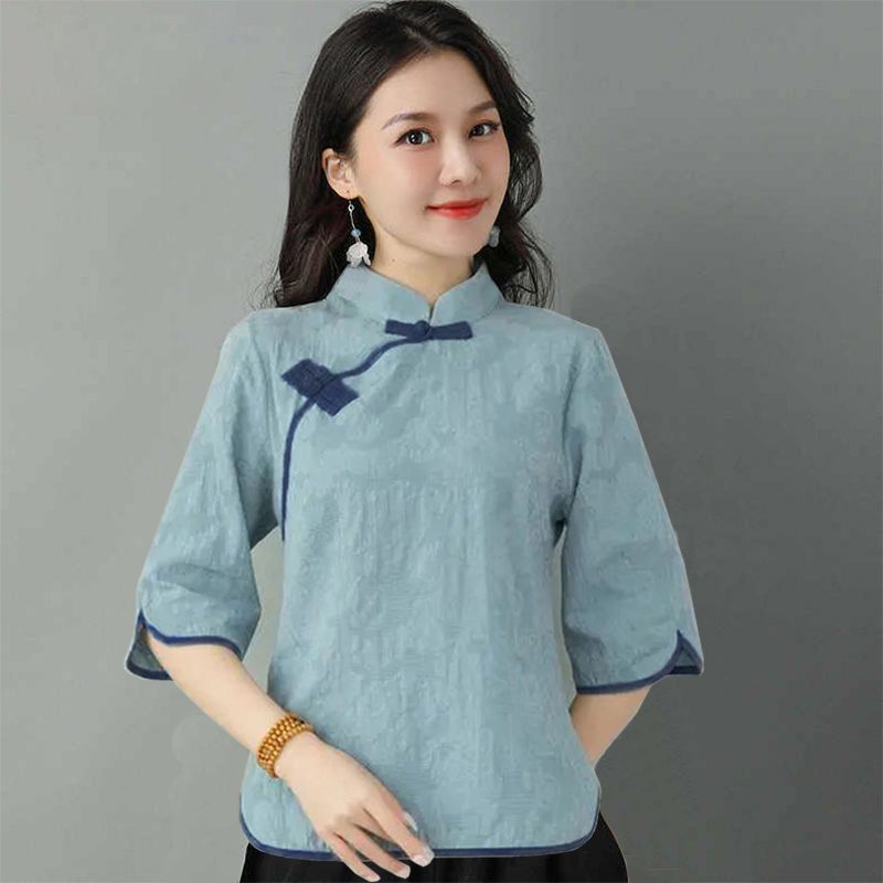 Pure Cotton Vintage Half Sleeve Top New Chinese Style Summer New Chinese Style Imitation Cotton and Linen Hanfu Zen Tea Clothing Female Ethnic