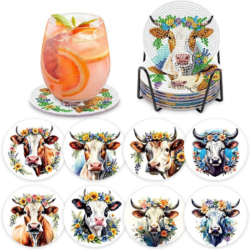 Ventas transfronterizas calientes de 8 piezas de conjunto de cojín de taza de arte de diamante, con soporte, pequeño conjunto de pintura de diamante, adecuado para adultos