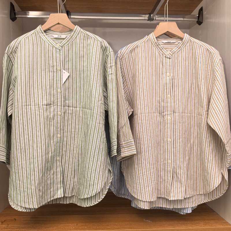 2026 Spring New Women's Linen Blend Stand Collar Striped Shirt 7/8 Sleeve Shirt 483873 483874
