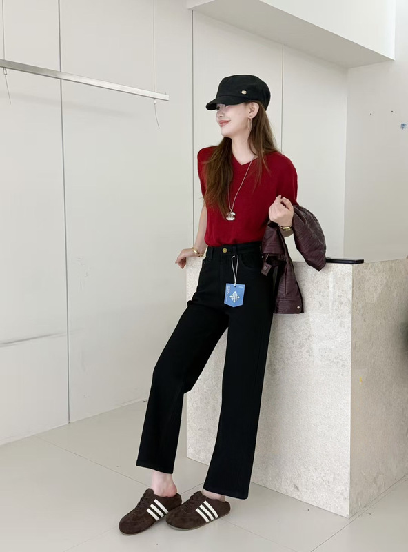 2025秋季新款韩版简约百搭弹力高腰小个子牛仔直筒九分裤烟管裤女|undefined