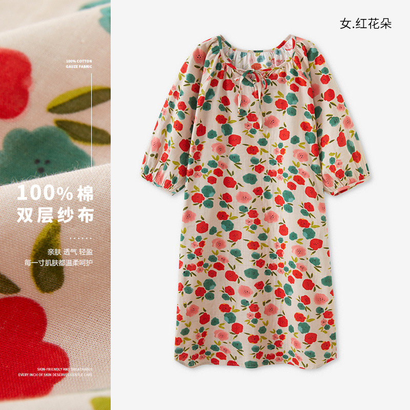 キュート65-フレンチスタイルナイトガウン レディース 夏用 綿ガーゼパジャマ 七分袖 ゆったり 大きめサイズ 綿100% マタニティロングドレス