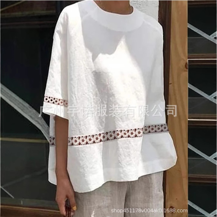 Amazon deseo AliExpress 2023 nuevas mujeres europeas y americanas de algodón Lino encaje costura camisa casual