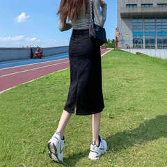 ハイウエストスリットデニムスカート女性のための 2025 新しい夏の小さな A ラインスカートレトロヒップハグロングスカート