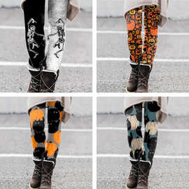 跨境外贸 亚马逊 速卖通WISH万圣节印花百搭打底松紧腰裤子一体裤