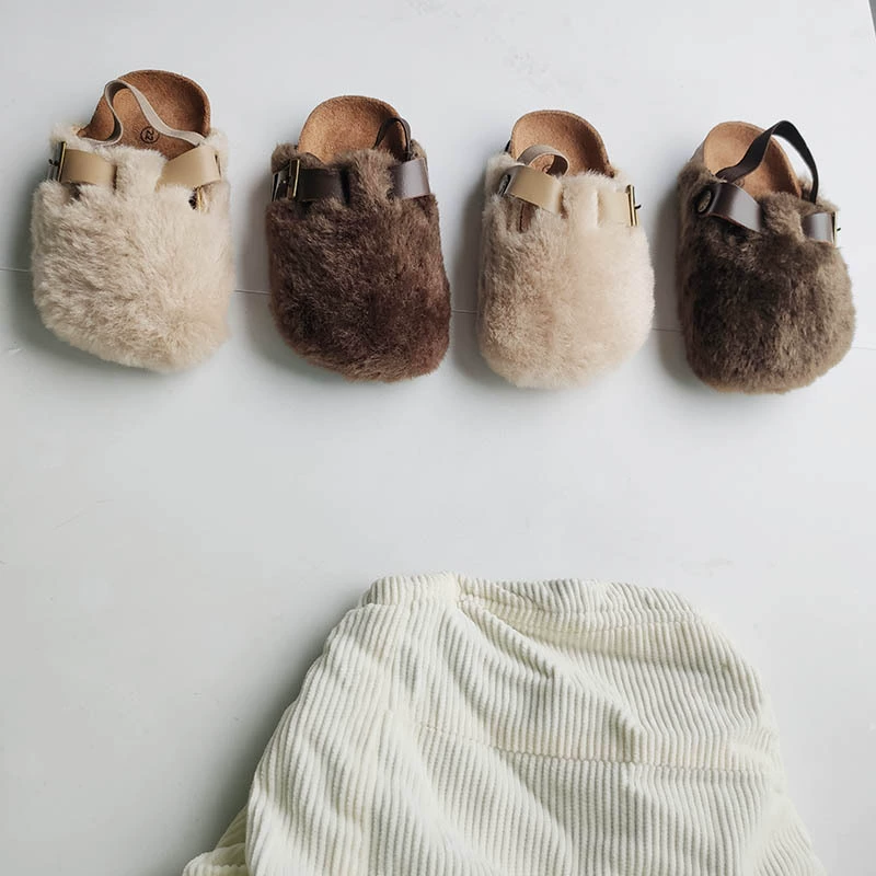 Детская меховая обувь в корейском стиле, осенне-зимние новые стильные деревянные тапочки для мальчиков и девочек, теплая детская мягкая хлопковая обувь