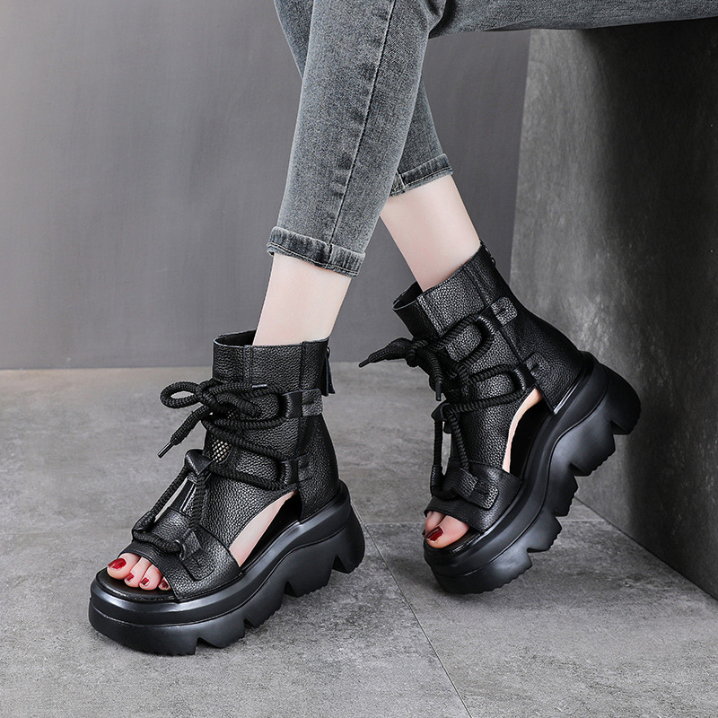 Sandal cao gót nữ mũi hở phong cách La Mã đế xuồng da thật quai buộc cổ điển — màu đen