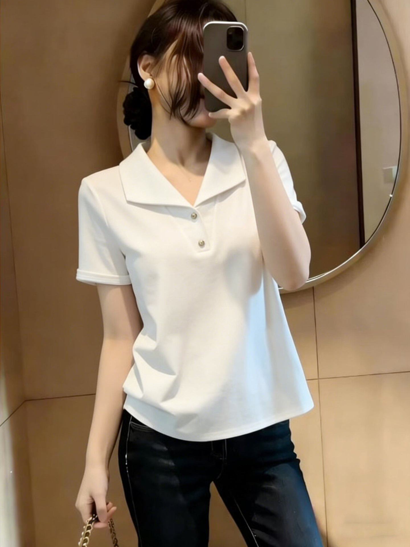 Áo thun nữ cổ ve tay ngắn phong cách Pháp — màu đen