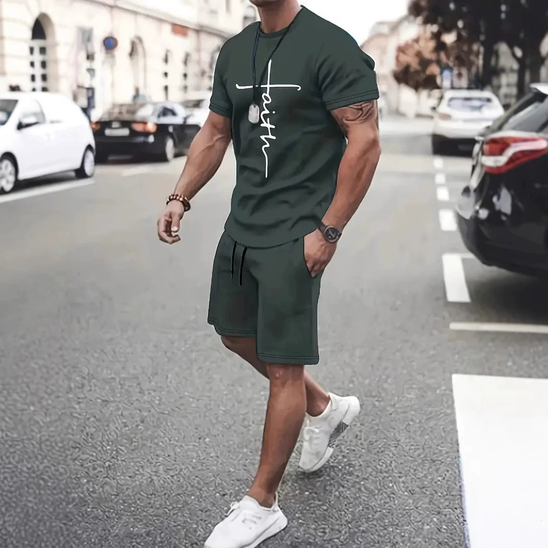 Мужская летняя распродажа повседневный спортивный набор с круглым вырезом с коротким рукавом 3d цифровой принт дизайн буквенных шорт набор из двух частей
