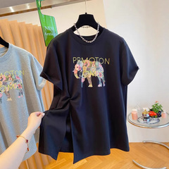 プラスサイズ 120kg 韓国ツイストデザイングレースリットコットン Tシャツレディース半袖夏ルーズラウンドネックトップ