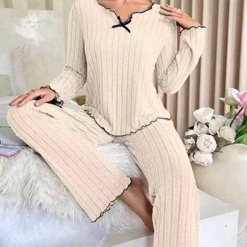 2026 Autumn New European and American Cross-Border Amazon Black-Edged Ruffled Casual Women's Home Suit Ribbed Pajamas 2026 Autumn New European and American Cross-Border Amazon Black-Edged Ruffled Casual Women's Home Suit Ribbed Pajamas
