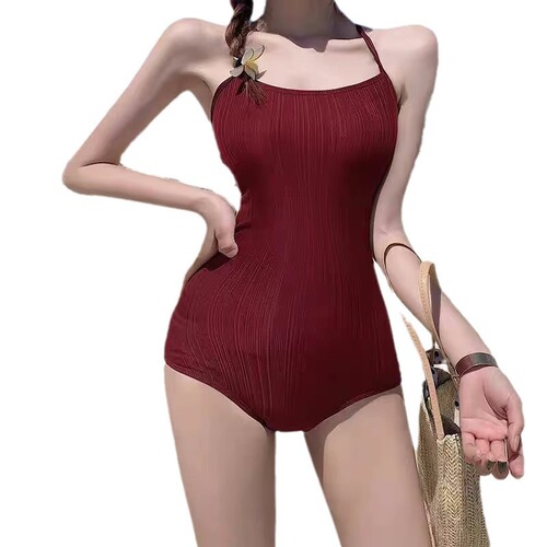 HURUN Beach Summer Tight Bodysuit for Women, Covering Stomach, Slimming, Conservative Strappy Backless Sexy One-Piece Swimsuit