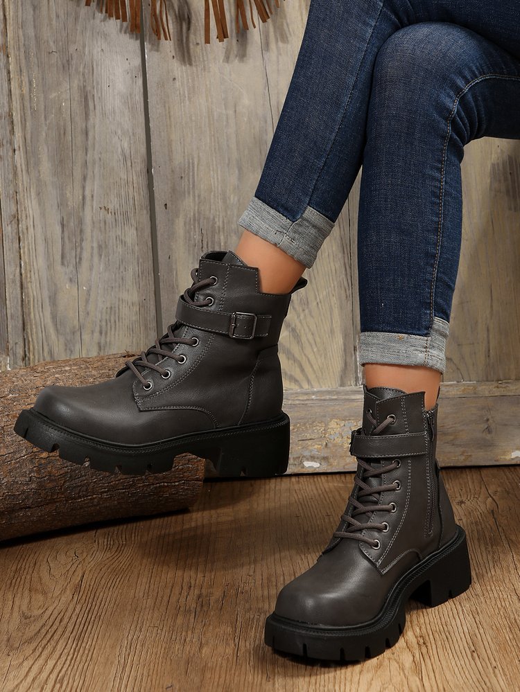 New autumn winter British style motorcycle boots thick soled belt buckle vintage ankle boots plus size_voghion.com