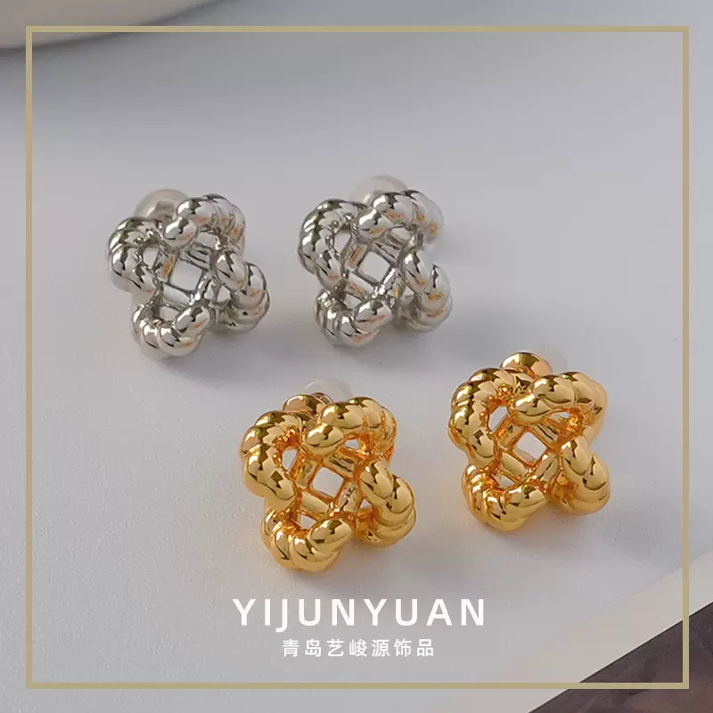 欧美新款简约编织麻花绳结耳钉高级感精致小巧气质百搭银针耳饰女