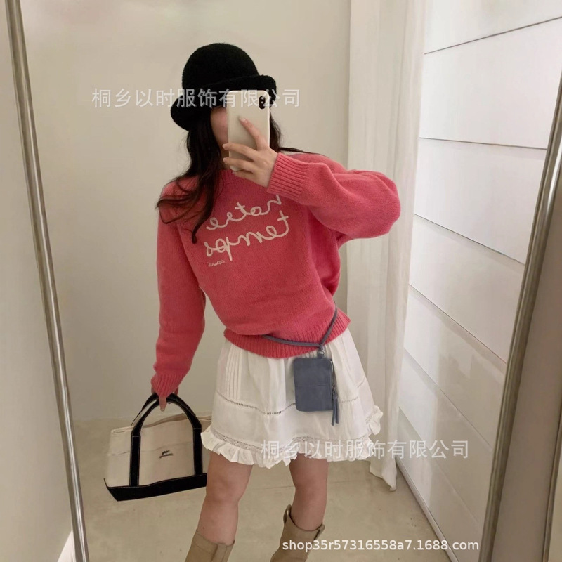 以时 25秋冬季新款韩系少女风刺绣字母毛衣百搭圆领羊毛针织衫 女|undefined