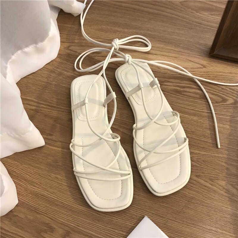 Fairy-Style Lace-Up Sandals for Women, Flat-Soled Summer New Style, Gentle and Fashionable, Versatile Roman Shoes, Beach Sandals, Trendy