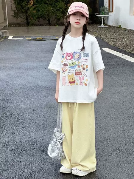 Summer 2026 New Style Girls' Short-Sleeve T-Shirt, 100% Pure Cotton, Round Neck, Printed Design, Trendy Top for Older Children