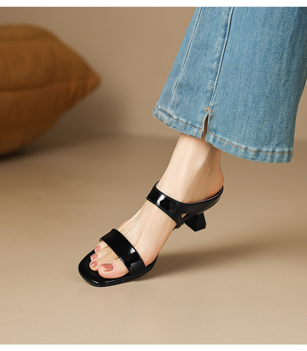 Sandal nữ hở mũi gót 5 cm da bò quai ngang đơn giản — đen chi tiết 12