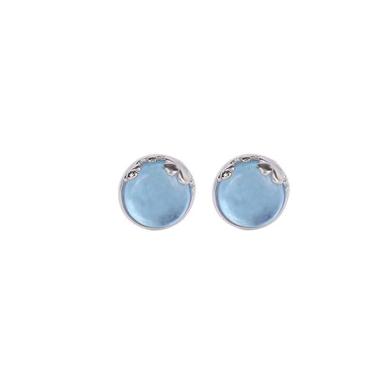 Khuyên tai bạc S925 hình cỏ ba lá đính đá Aquamarine tròn — một cặp