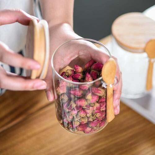 Glass sealed jar with lid storage jar for coarse grains and nuts storage jar kitchen storage glass bottle wooden spoon