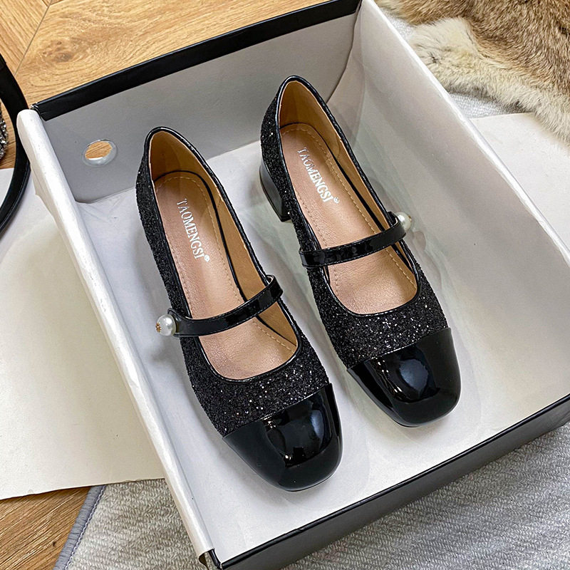 Giày Mary Jane nữ mũi vuông quai ngang gót thô 3-5 cm — Màu mơ, Màu đen