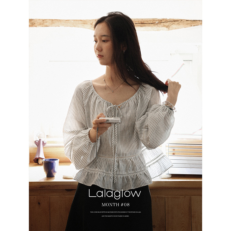 Lalaglow 追风的日子 法式气质蕾丝条纹衬衫女秋季宽松显瘦娃娃衫|undefined
