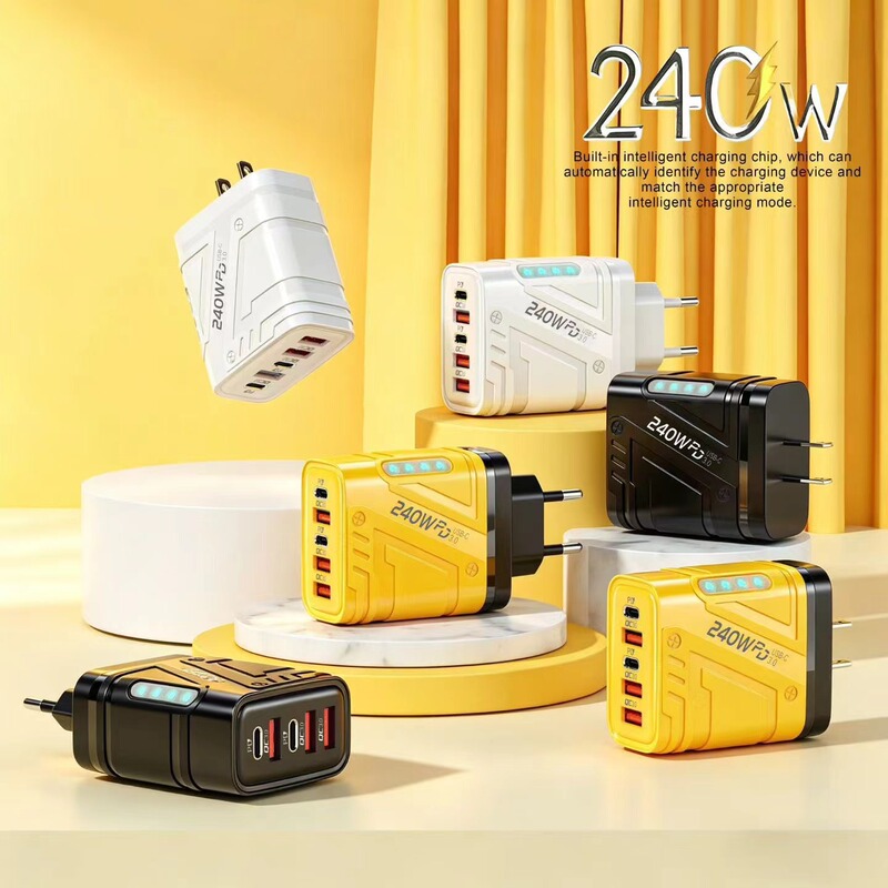 Cyberpunk-style mobile phone charger with 3 USB + dual Type-C multi-port charging head, 240W fast charging, suitable for Huawei and Apple Cyberpunk-style mobile phone charger with 3 USB + dual Type-C multi-port charging head, 240W fast charging, suitable for Huawei and Apple
