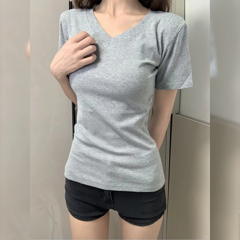 Pure Cotton V-Neck Short-Sleeve T-Shirt for Women, Summer 2026 New Style, White Slim-Fit Waist-Cinching Half-Sleeve Thin Top with Regular Shoulders